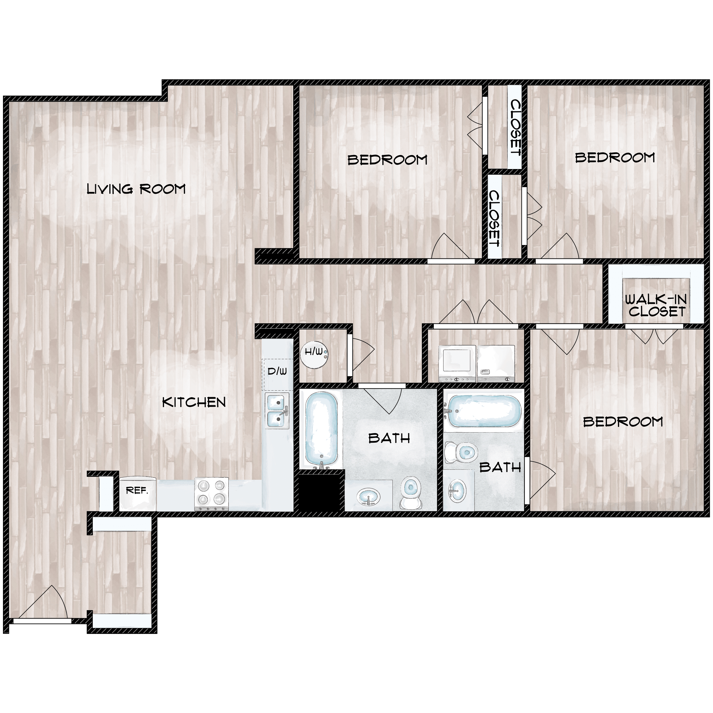 Floor plan for 3 beds, 2 baths, 1271 sqft
